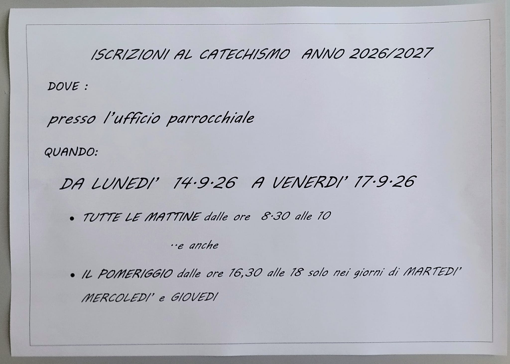 Catechismo Anno 2026-2027